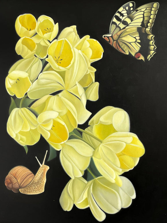 Tulips With Snail and Butterfly Oil On Panel By Russell Ryan