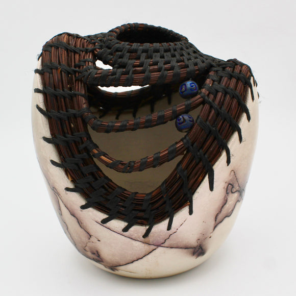 Horsehair and Woven Pine Needles Raku Vessel By Margo Scarpulla