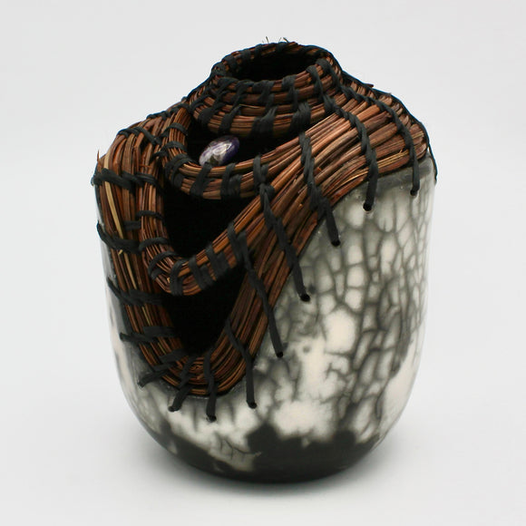 Woven Pine Needles Candy Raku Vessel By Margo Scarpulla