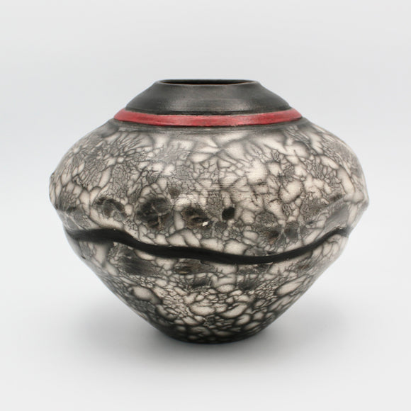 Raku Vessel With A Red Collar By Ruth Ehrenkrantz