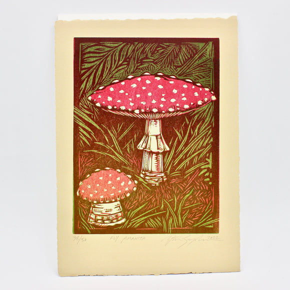 Fly Amanita Mushroom Reduction Woodcut Print By Ethan Snyderman