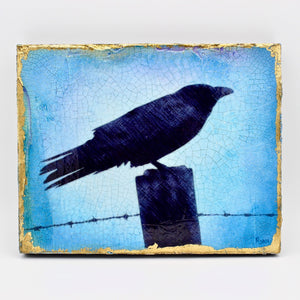 Raven on A Post in Blue By Russell Ryan