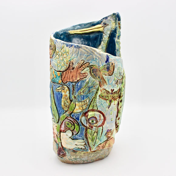 Woman With Cranes and White Rabbit Vase By Nora Sarkissian